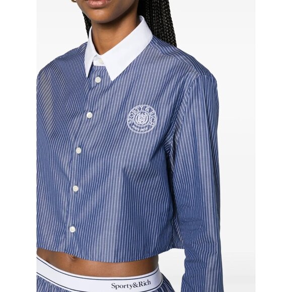 Sporty & Rich Connecticut Logo-Print Striped Shirt in Navy Blue Optical White - Picture 2 of 6